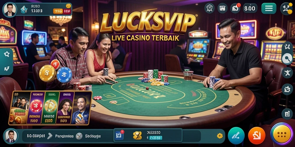 Tampilan layar permainan LUCKSVIP menampilkan dealer profesional dan suasana casino yang nyata.