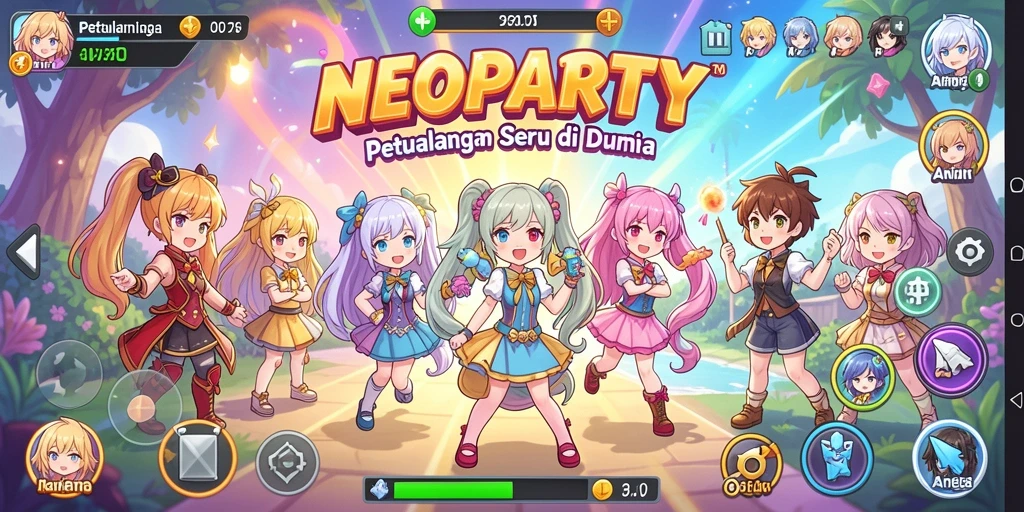 Screenshot gameplay NEOPARTY menampilkan karakter anime dalam aksi.