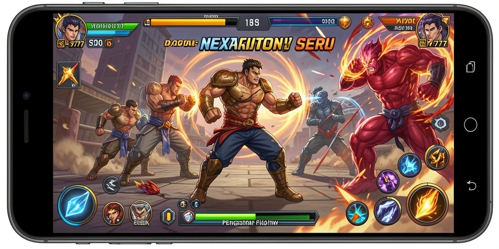 Screenshot utama NEX777 menampilkan karakter bertarung dalam arena yang spektakuler.