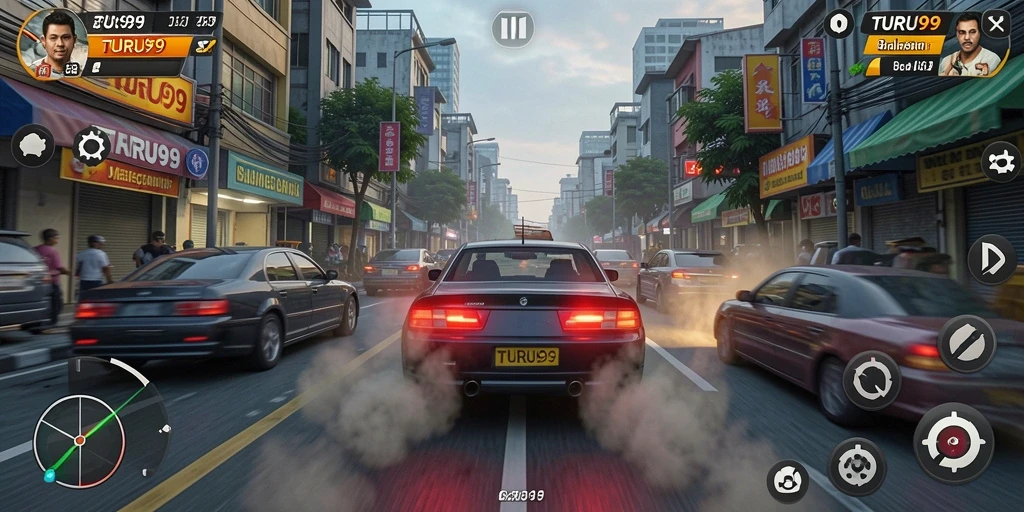 Screenshot gameplay TURU99 menampilkan balapan seru di jalanan.